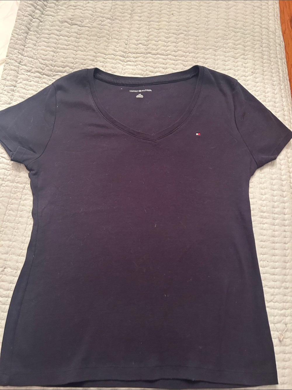 Tommy Hilfiger Navy V-Neck Short Sleeve Tee with Small Flag Embroidery